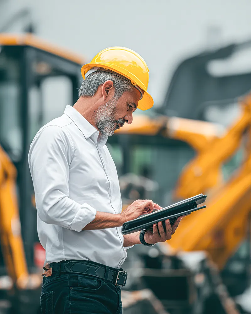 Mann mit Helm auf Baustelle vor Bagger schaut etwas auf einem Laptop