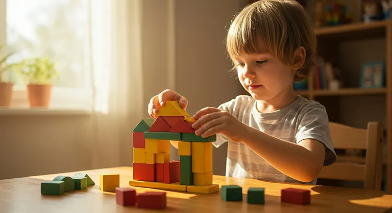 Kind baut Haus mit Holzklötzen