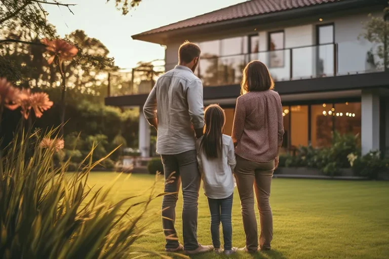 Eine kleine Familie steht vor ihrem Traumhaus.