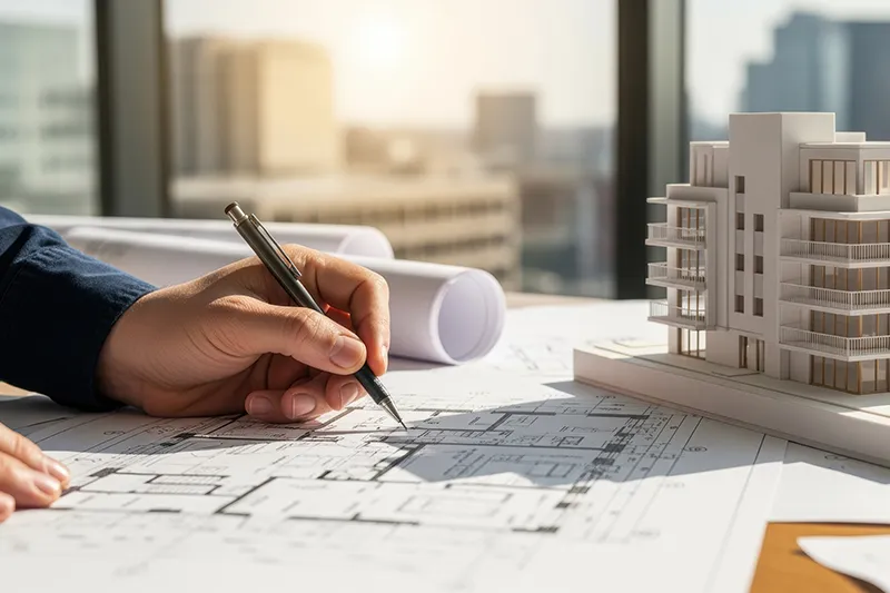 Hand eines Planers über Architekturzeichnung, Modellgebäude auf dem Tisch