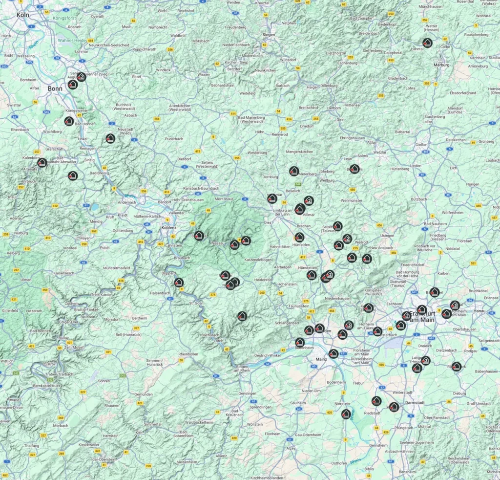 Alle Bauprojekte auf einer regionalen Karte vermerkt